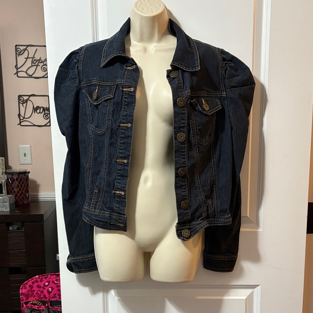 Bisou Bisou Dark Blue Jean Jacket with Puff Sleeves